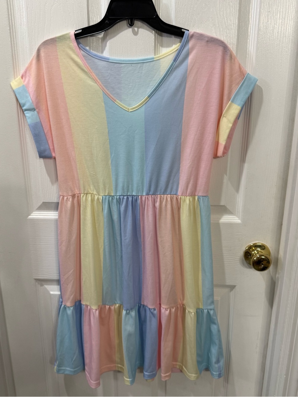 Pastel Multi-Stripe V-Neck Casual Tiered Dress